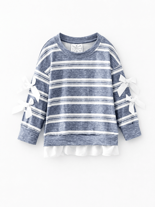Girls blue striped long sleeve top with white sleeve bows and ruffle hem
