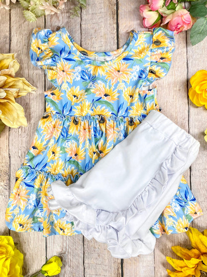Blue sunflower top with white ruffle shorts