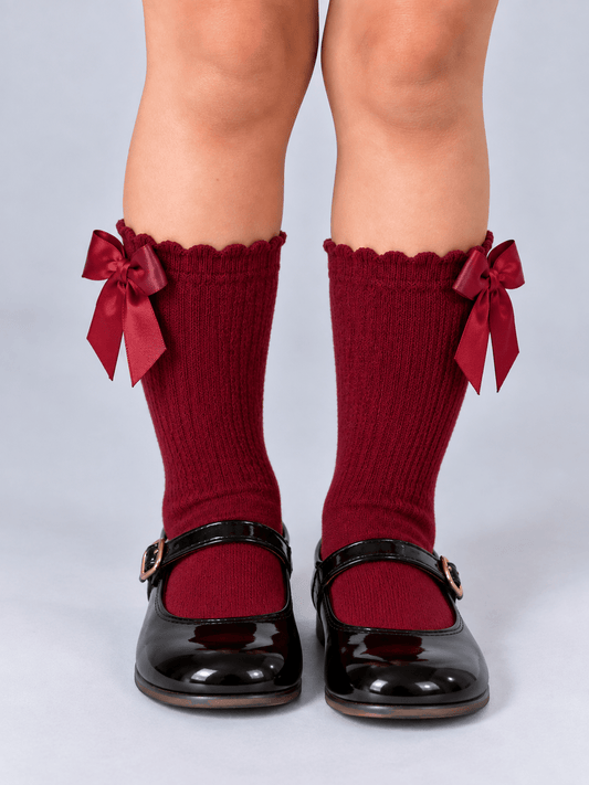 dark red bow socks on model wearing mary janes