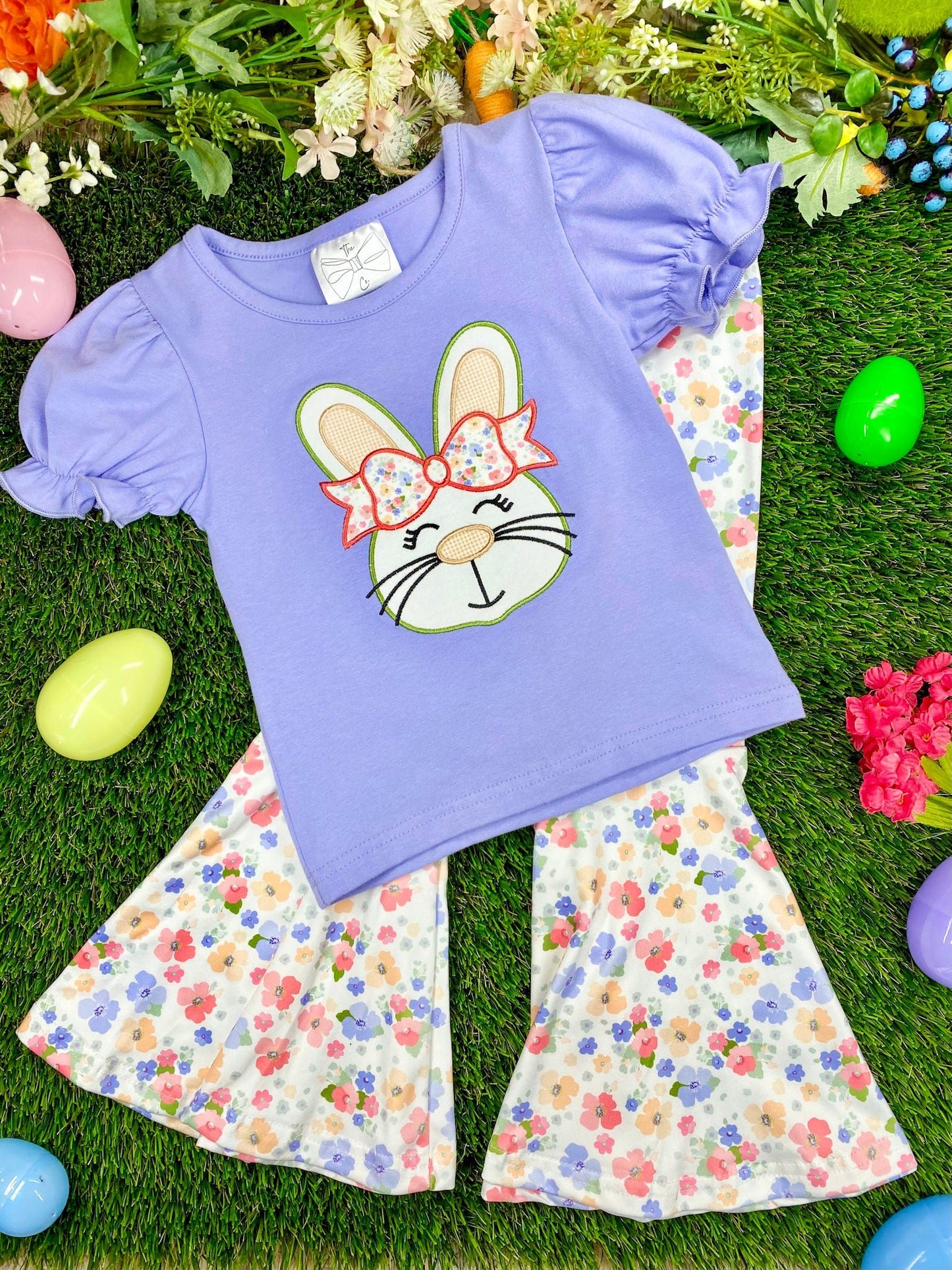 Girls Bunny Appliqué Floral Bell Bottoms Set on grass with flowers