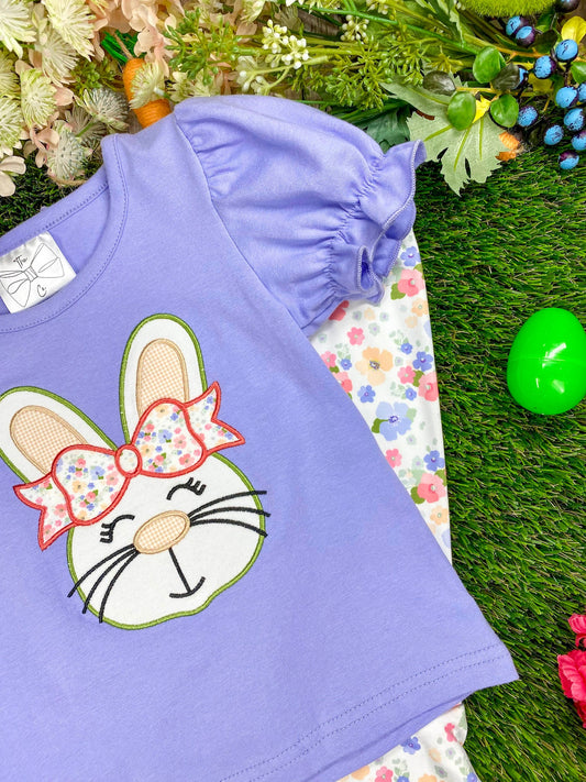 Applique and sleeve detail of Girls Bunny Appliqué Floral Bell Bottoms Set - Alternative view