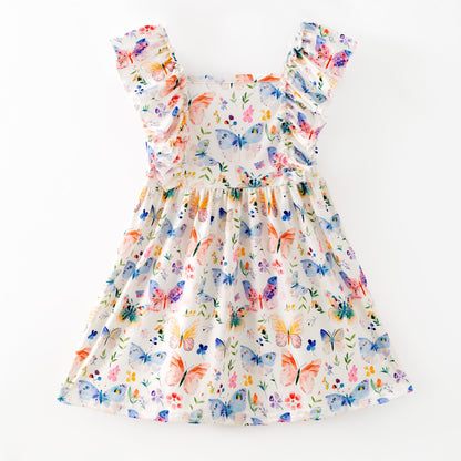 Colorful butterfly-patterned dress on a white background
