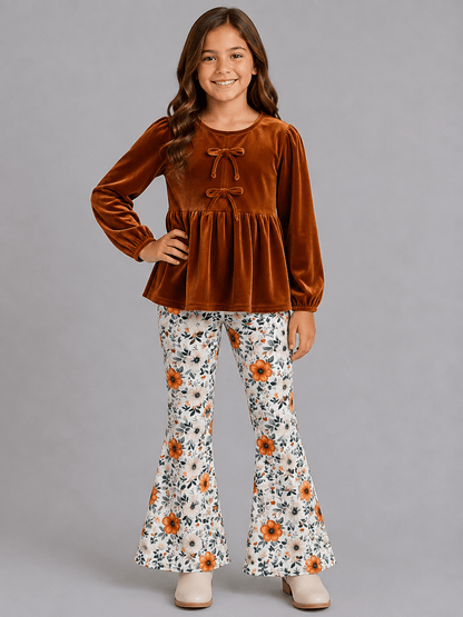 girls fall two-piece with copper velvet bow-tie peplum top and autumn floral bell bottom pants