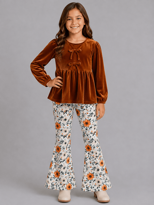 girls fall two-piece with copper velvet bow-tie peplum top and autumn floral bell bottom pants