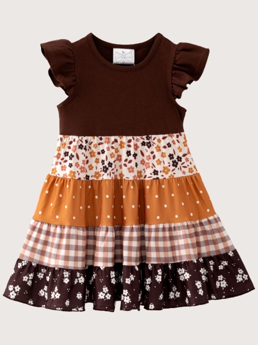 Girls brown patchwork floral ruffle fall dress with plaid and polka dot tiers