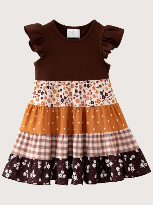 Girls brown patchwork floral ruffle fall dress with plaid and polka dot tiers