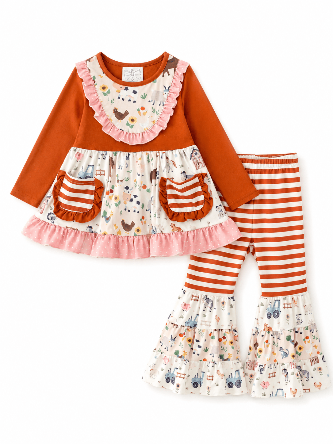 Girls Farm Animal Bell Bottom Outfit Set with Farm Print Tunic, Striped Bell Bottom Pants and Ruffle Trim