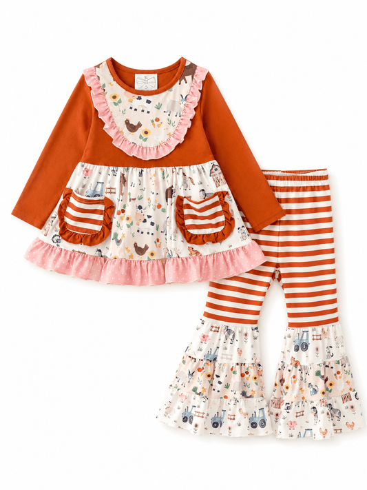 Girls Farm Animal Bell Bottom Outfit Set with Farm Print Tunic, Striped Bell Bottom Pants and Ruffle Trim