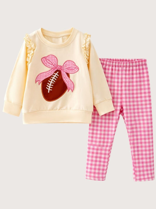 Girls football outfit set with cream bow sweatshirt and pink gingham leggings