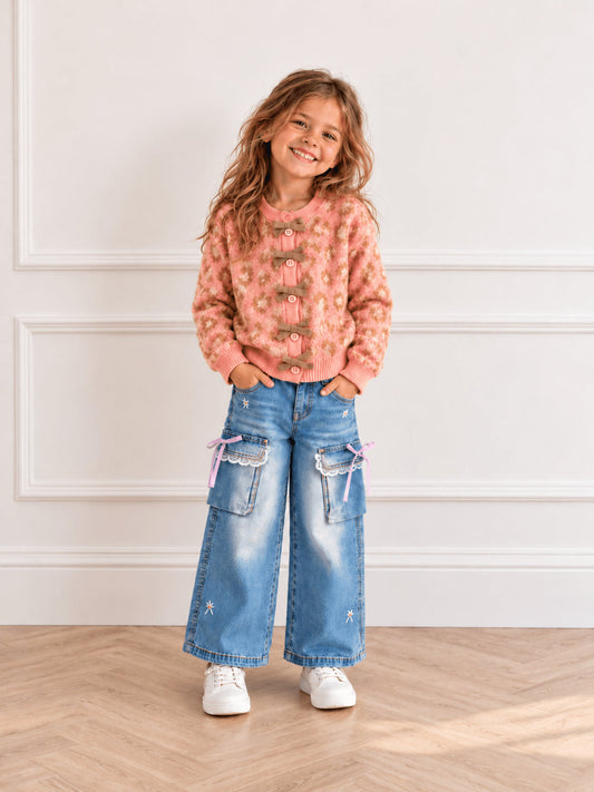Lace bow wide leg jeans with embroidered daisies - Alternative view