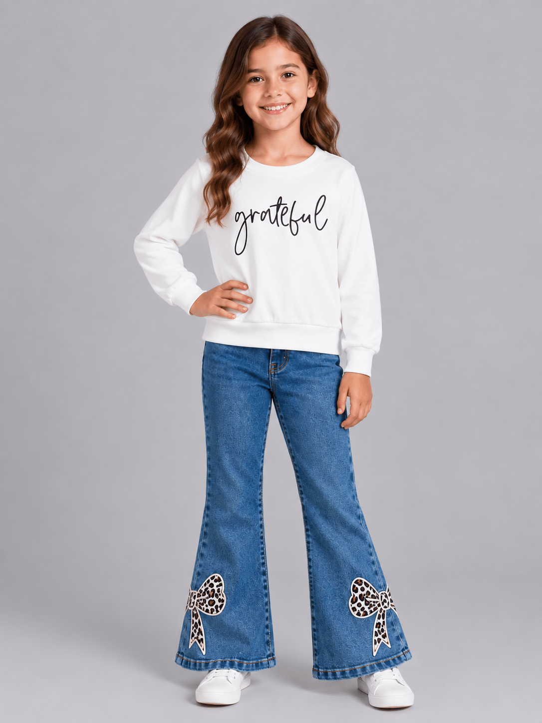 Leopard bow bell bottom jeans