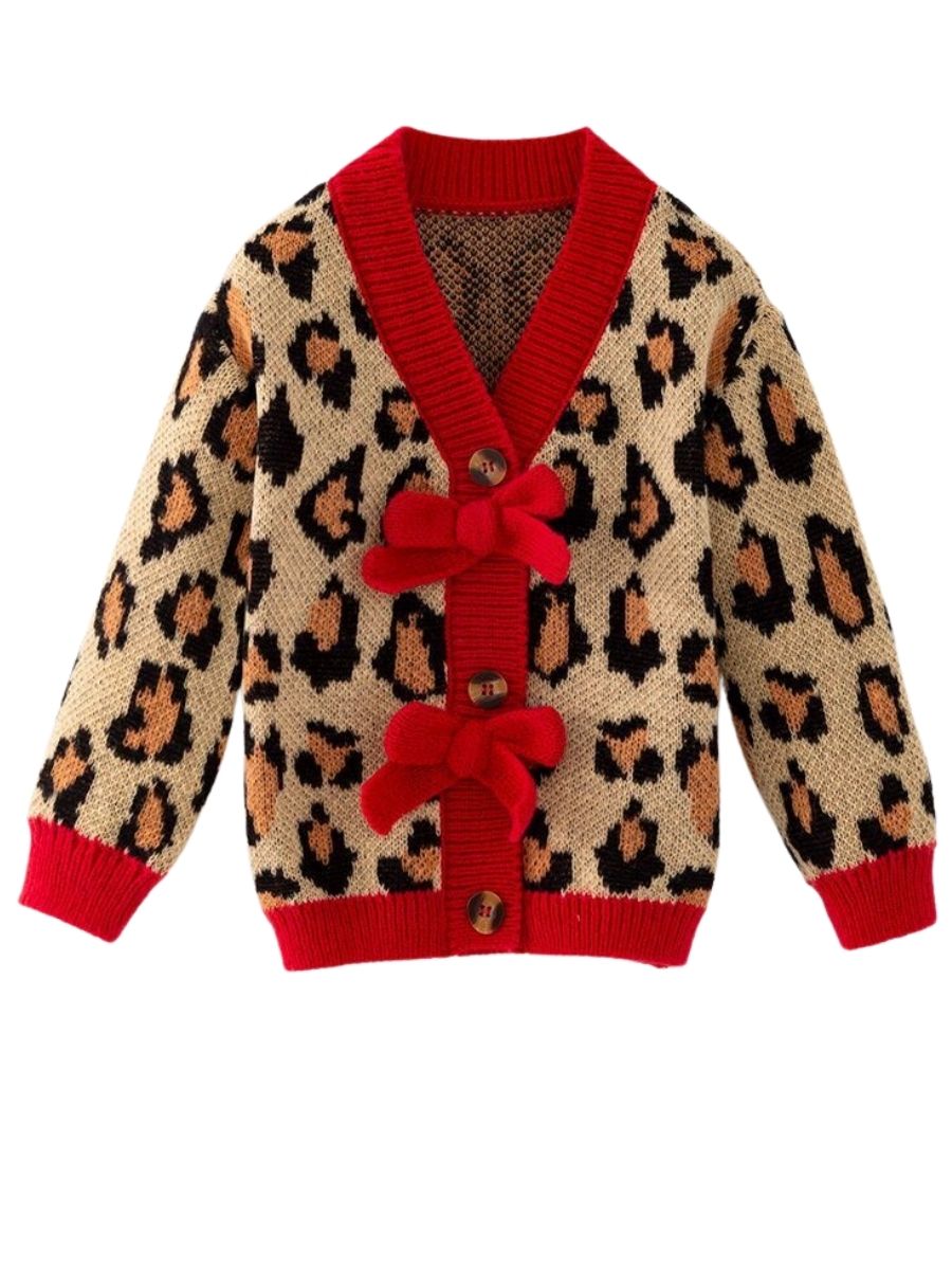 Girls leopard print cardigan sweater with red bow accents and red trim