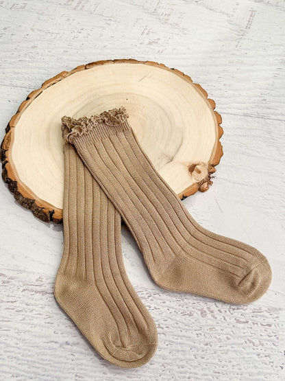 Tan lettuce edge ruffle socks