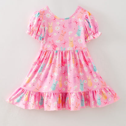 Girls Pastel Easter Bunny Print Twirl Dress for The Hair Bow Company 
