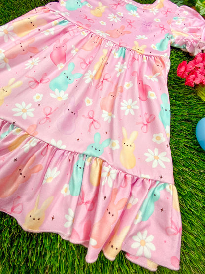 hem ruffle detail of Girls Pastel Easter Bunny Print Twirl Dress