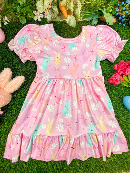 Girls Pastel Easter Bunny Print Twirl Dress on grassy background - Alternative view