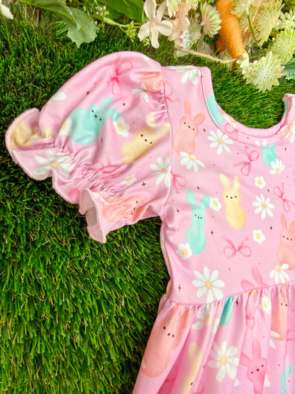 Sleeve detail of Girls Pastel Easter Bunny Print Twirl Dress