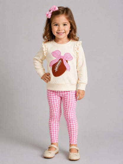 Cream football bow sweatshirt with pink gingham leggings
