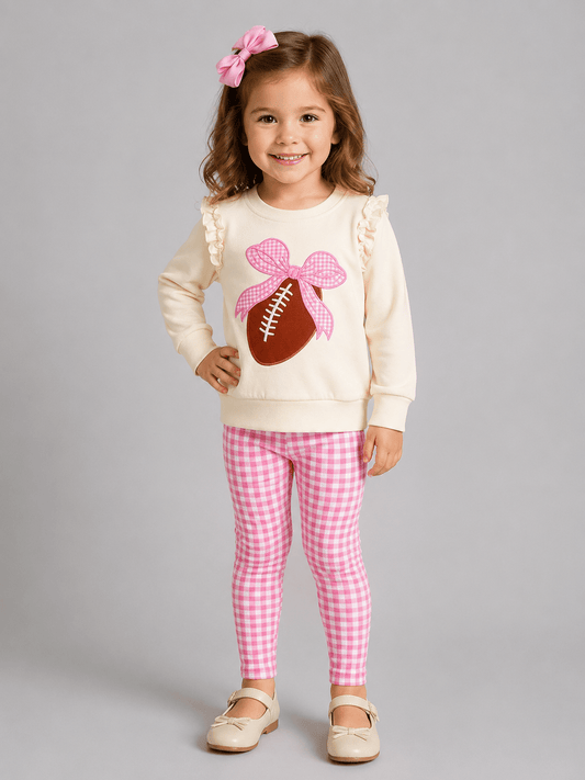 Girls football outfit set with cream bow sweatshirt and pink gingham leggings