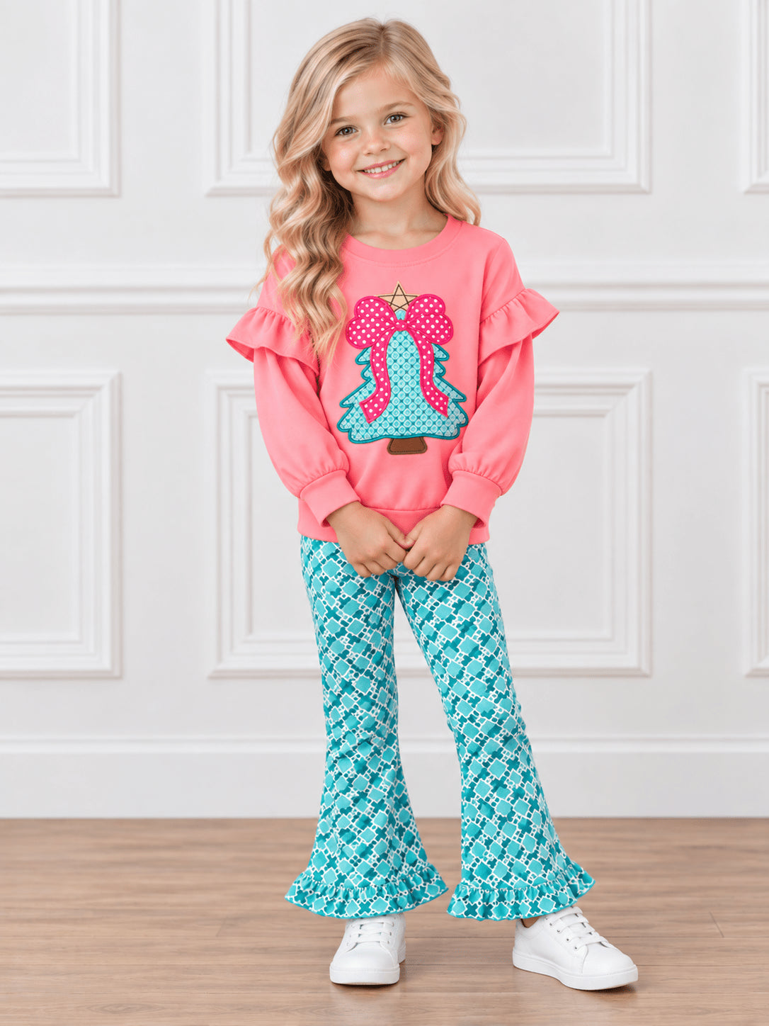 Girls pink Christmas tree top with teal print ruffled bell bottoms