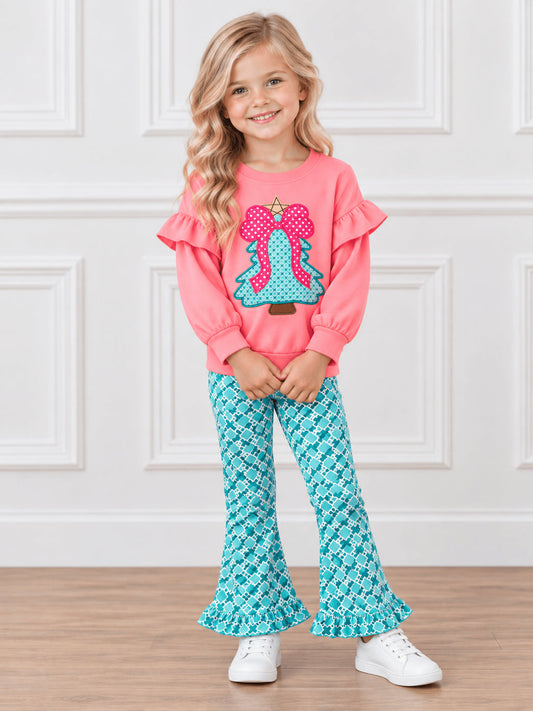 Girls pink Christmas tree top with teal print ruffled bell bottoms