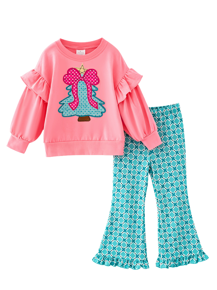 Girls pink Christmas tree appliqué top and teal print bell bottom pants set