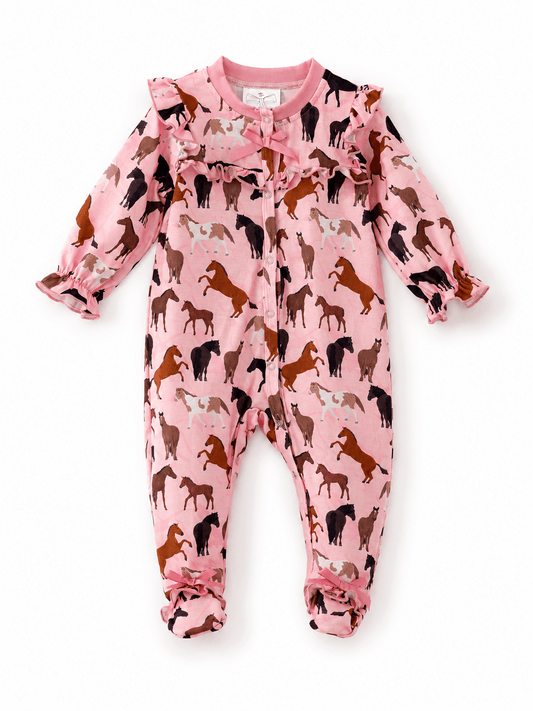Pink Horse Print Baby Girl Footed Romper with Ruffle Trim, Long Sleeves, Front Snaps and Bow Detail Sleep & Play Pajamas