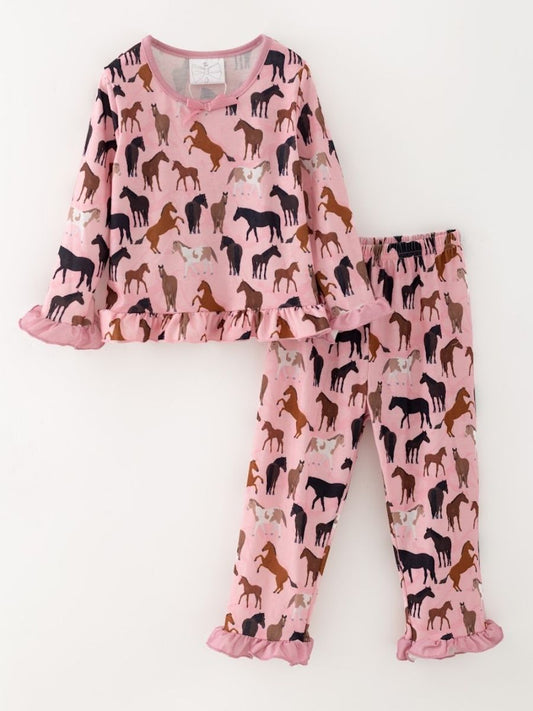 Pink Horse Print Girls Ruffle Pajama Set with Long Sleeve Top, Ruffle Trim Pants and Soft Boutique Sleepwear