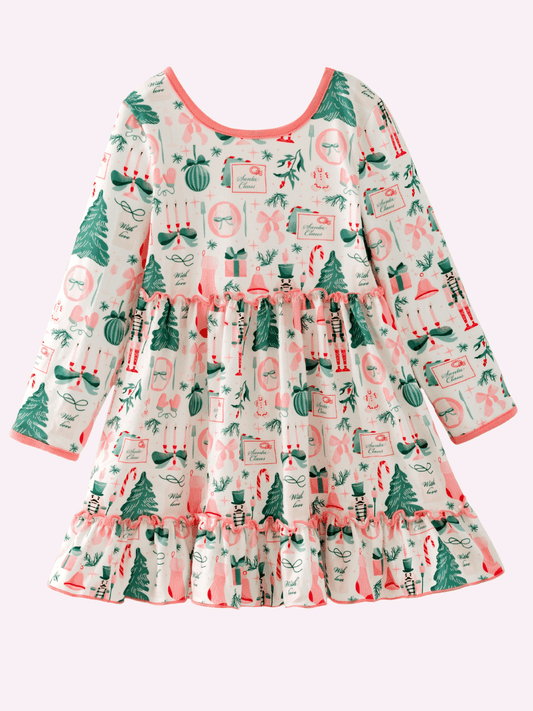 Girls cream Christmas dress with trees, nutcrackers, bows and holiday print