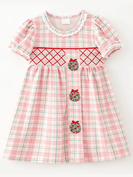 Girls pink plaid Christmas dress with smocked waist and embroidered wreaths