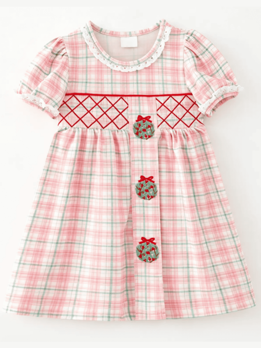 Girls pink plaid Christmas dress with smocked waist and embroidered wreaths