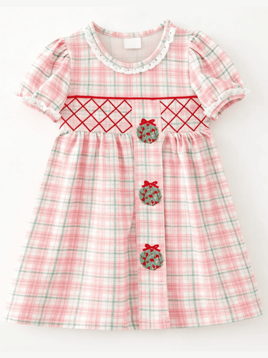 Girls pink plaid Christmas dress with smocked waist and embroidered wreaths