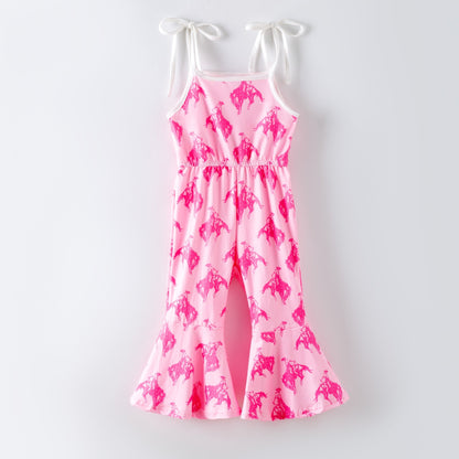 Girls pink rodeo print bell bottom jumpsuit with western cowgirl pattern and tie shoulder straps, boutique girls outfit