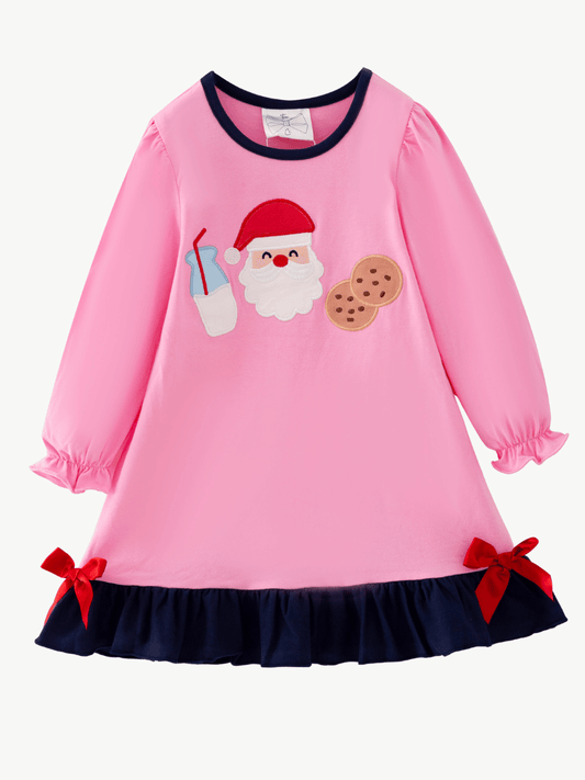 Girls pink Christmas dress with Santa, milk and cookies applique