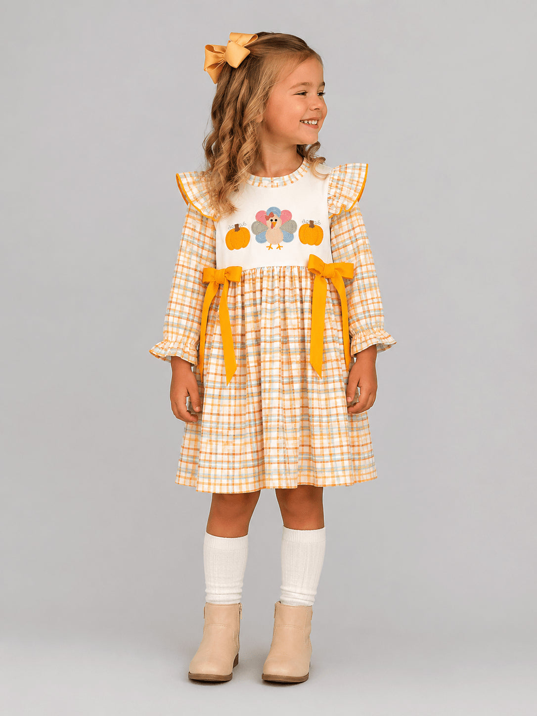 Plaid Thanksgiving dress with turkey and pumpkin embroidery