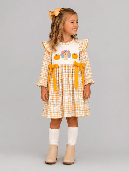 Plaid Thanksgiving dress with turkey and pumpkin embroidery