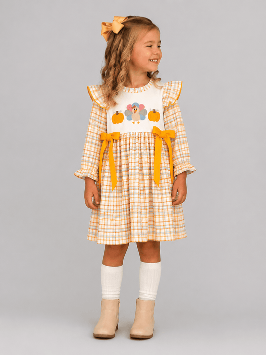 Girls plaid Thanksgiving dress with embroidered turkey and pumpkins, ruffle sleeves and orange bows