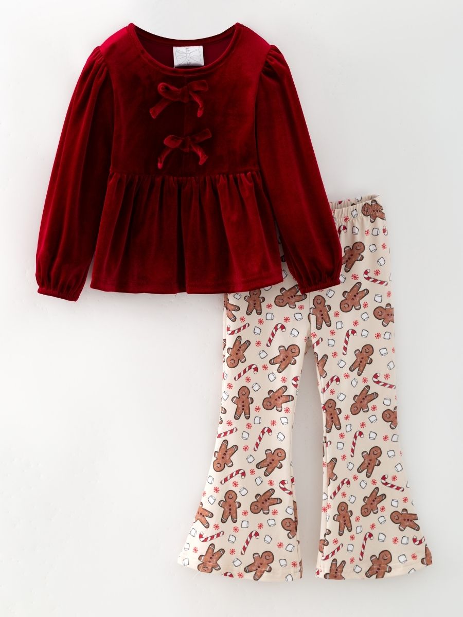 Girls red velvet top with gingerbread print bell bottom pants
