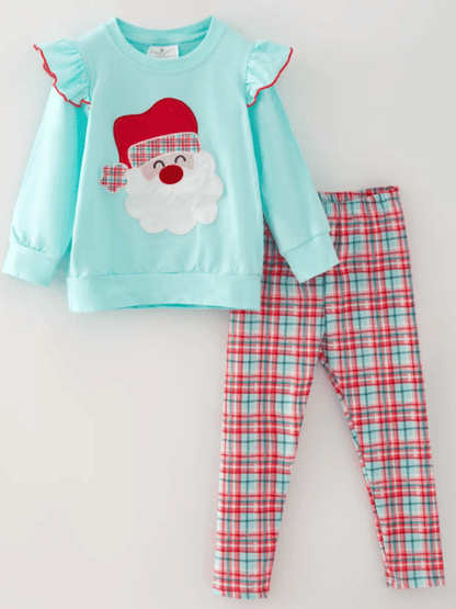 Aqua Santa top and plaid leggings set for girls