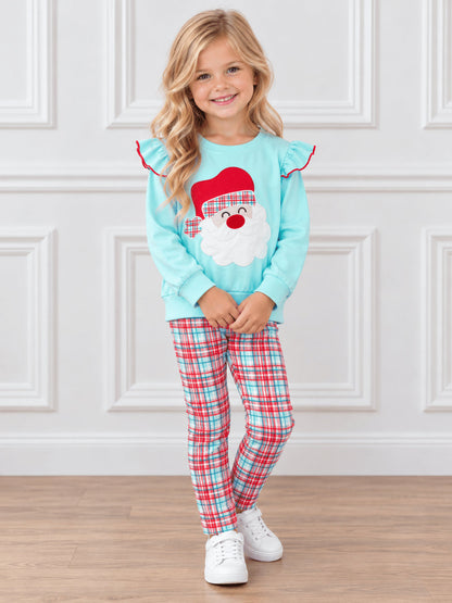 Girls aqua Santa appliqué Christmas top with plaid ruffle sleeves and plaid leggings