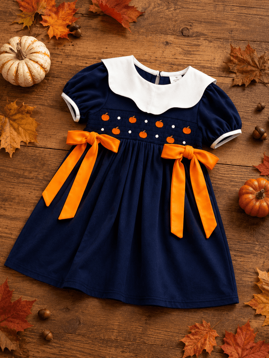 Navy girls fall dress with pumpkin smocking, white Peter Pan collar and orange bows on a rustic autumn background.