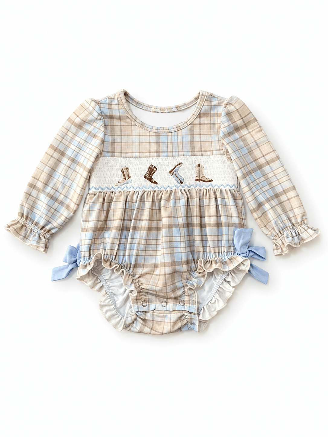 Girls Western Cowboy Boots Smocked Plaid Infant Romper with Blue Bows, Ruffle Legs and Long Sleeves in Beige Plaid