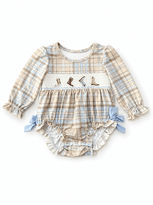 Girls Western Cowboy Boots Smocked Plaid Infant Romper with Blue Bows, Ruffle Legs and Long Sleeves in Beige Plaid