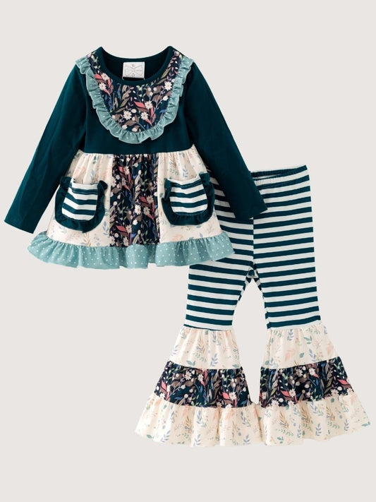 Girls Vintage Floral Bell Bottom Outfit Set with Teal Tunic, Striped Bell Bottom Pants and Ruffle Trim