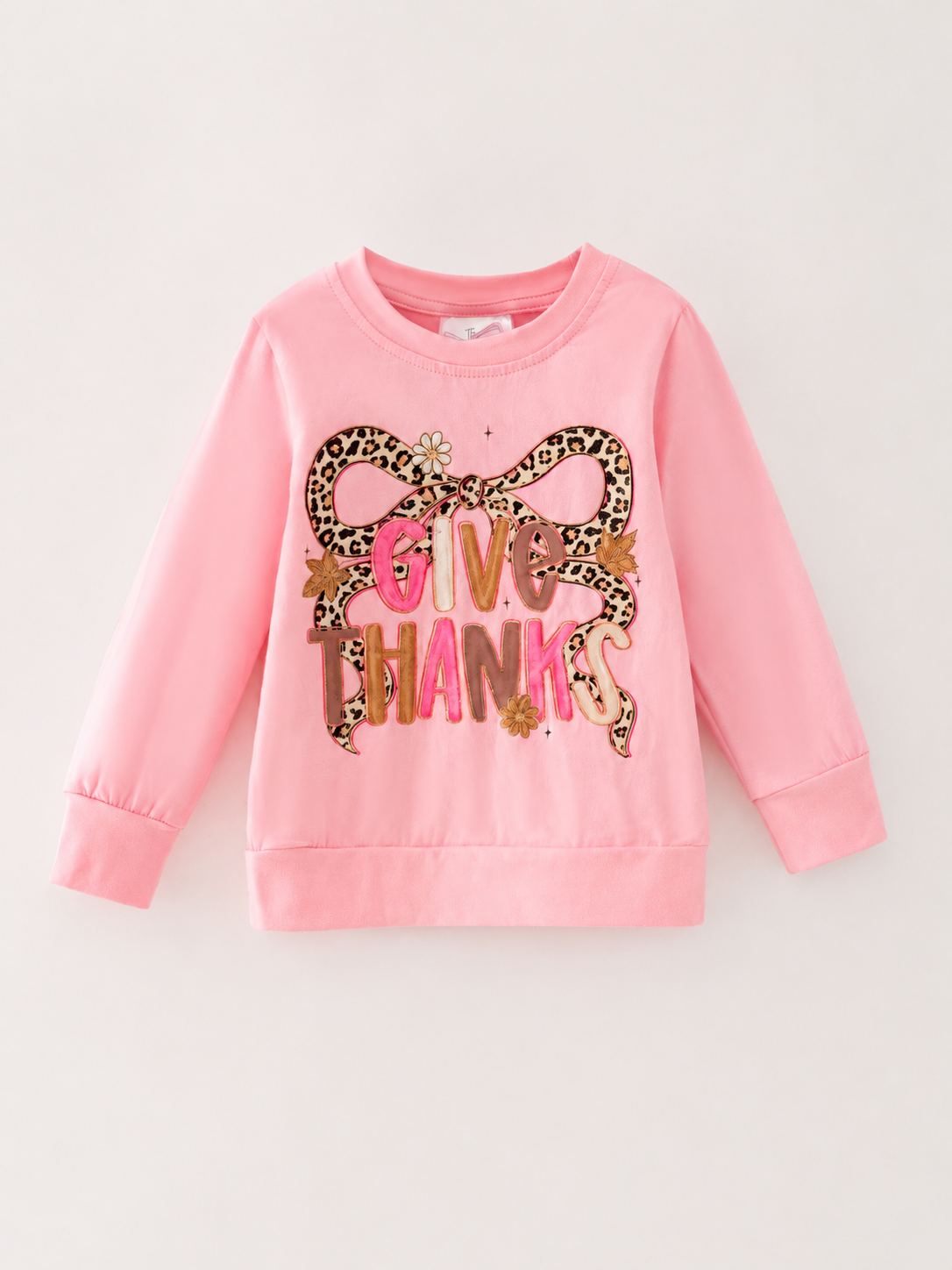 Girls pink Give Thanks Thanksgiving shirt with leopard bow graphic