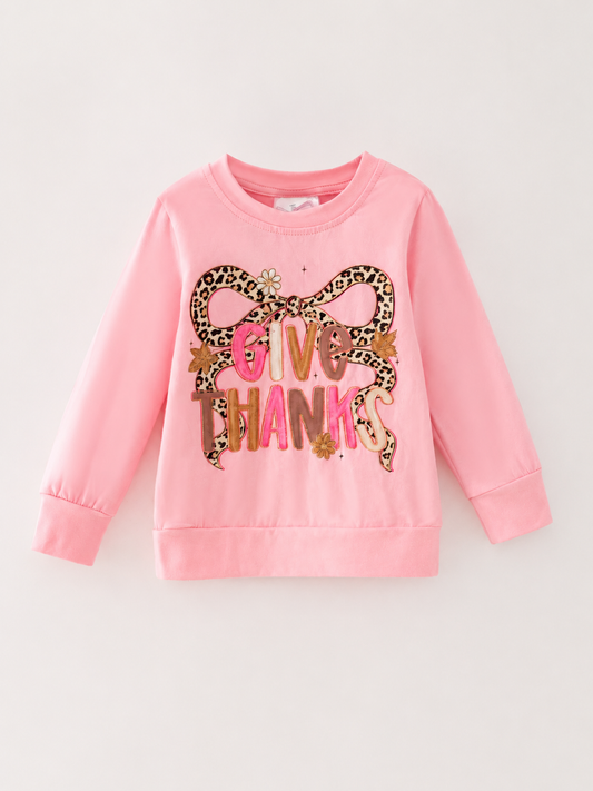 Girls pink Give Thanks Thanksgiving shirt with leopard bow graphic