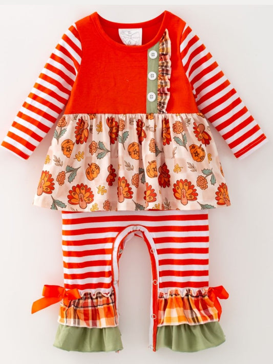 Baby girl Thanksgiving skirted romper with turkey floral print, red stripes and ruffle trim