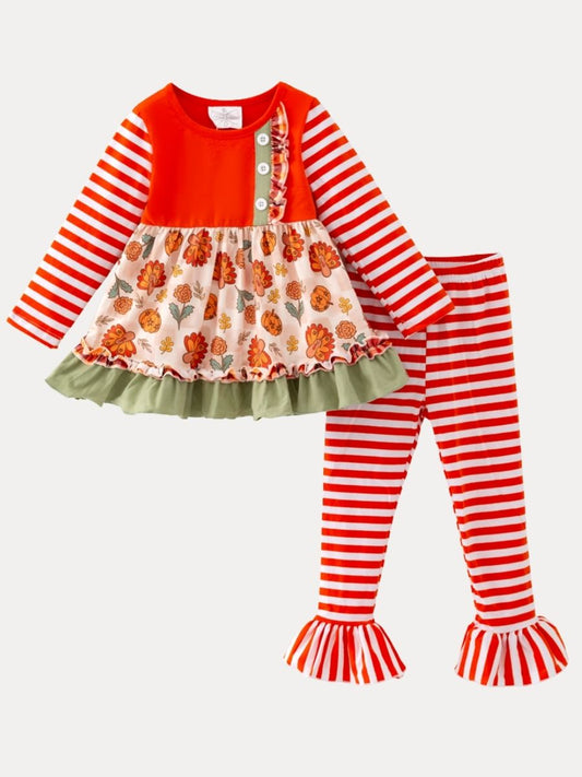 Girls Thanksgiving turkey floral tunic and striped ruffle pants outfit set