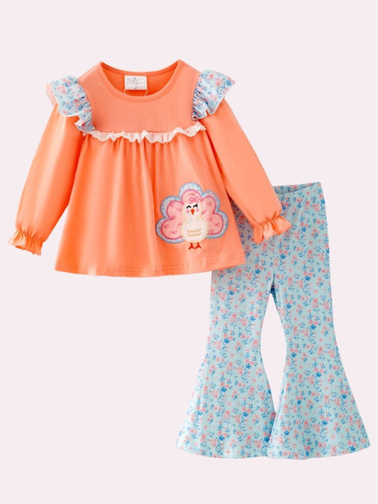 Girls Thanksgiving turkey tunic and blue floral bell bottom pants set