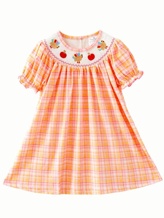 Pink and orange plaid girls’ Thanksgiving dress with a smocked neckline, embroidered turkeys and pumpkins, and ruffled sleeves - Alternative view